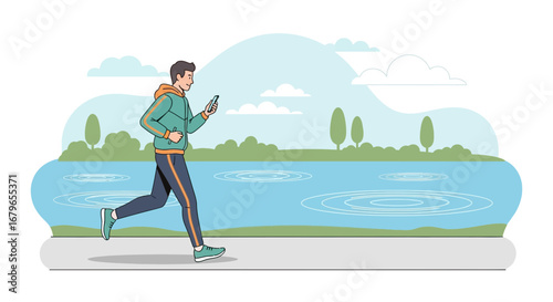 Jogging Outdoors While Using a Smartphone Depicting the Modern Digital Lifestyle