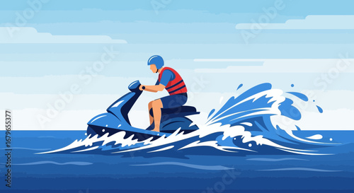 Jet Skier Racing Across Turbulent Ocean Water Recreation Illustration