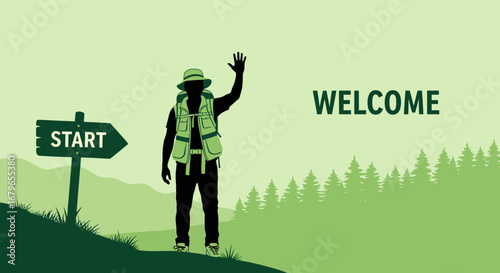 Journey Begins: Silhouette Hiker Greets with Welcome in Scenic Green Landscape Expedition