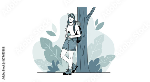 Illustration of a woman with a backpack standing near a tree during a hike