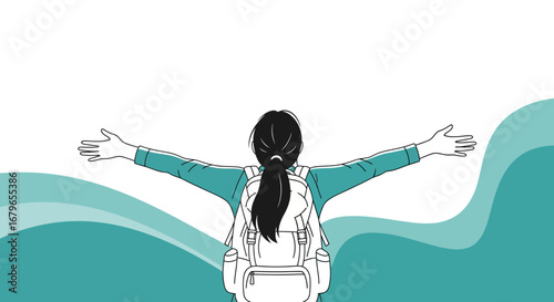 Illustration of a woman with a backpack and outstretched arms celebrating freedom and travel