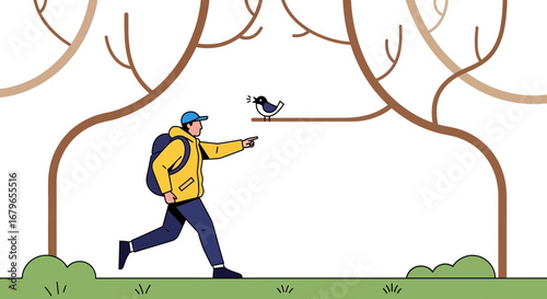Journeying Through Nature, An Adventurer Points Out a Bird In The Wilderness Illustration