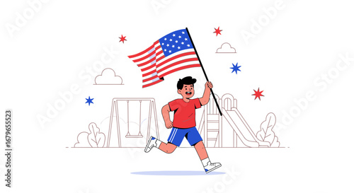 Joyful American Youngster Holds A Patriotic Flag While Celebrating Freedom At Play!
