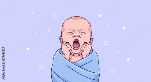 Illustration of a Yawning Baby Wrapped in a Blue Blanket on a Starry Background