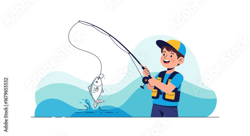 Joyful Angler Captures Fish, A Delightful Illustration Showcasing Outdoor Fun and Fishing