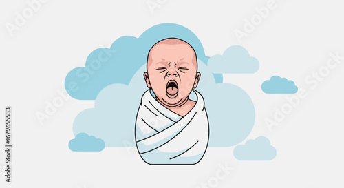 Illustration of a yawning baby wrapped in a blanket with clouds in the background