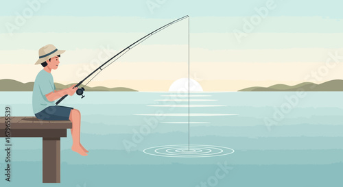 Joyful Angler Casting a Line During the Golden Hour on Serene Waters