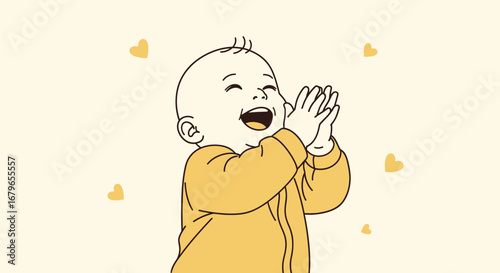 Joyful Applauding Baby Illustration with Playful Hearts on a Creamy Background