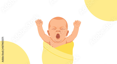 Illustration of a yawning baby, vector artwork, with arms raised, in a yellow blanket