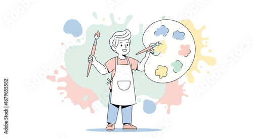Illustration of a young artist with paintbrushes and a palette ready to begin painting