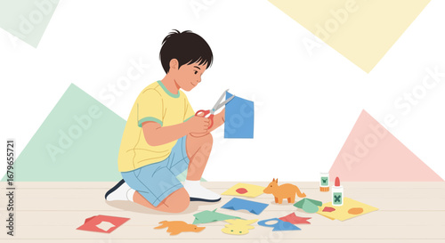 Illustration of a young boy cutting paper and crafting with scissors and glue at home
