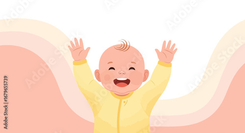 Joyful Baby Celebrating With Raised Arms Against a Soft Pastel Layered Background