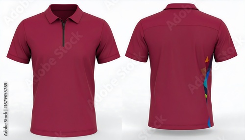 Burgundy polo shirt mockup with zipper and geometric design for brand identity