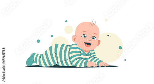 Joyful Baby Crawling Forward, Smiling And Expressing Pure Happiness In Graphic Art