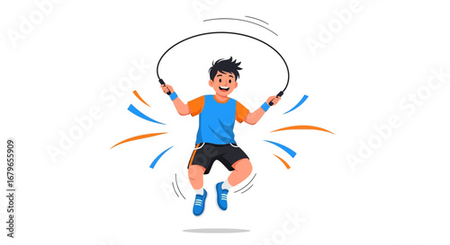 Illustration of a young boy jumping rope with energy and a big smile on his face