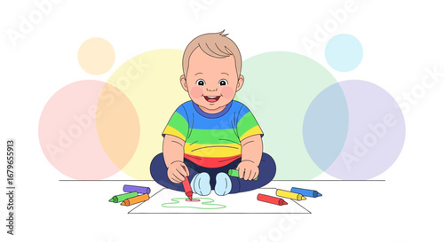 Joyful Baby Creates Art with Crayons: A Colorful, Expressive, And Happy Illustration