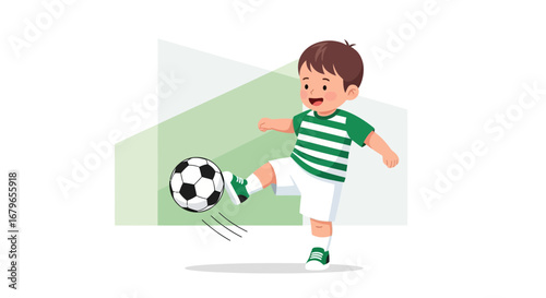 Illustration of a young boy kicking a soccer ball, vector graphic design