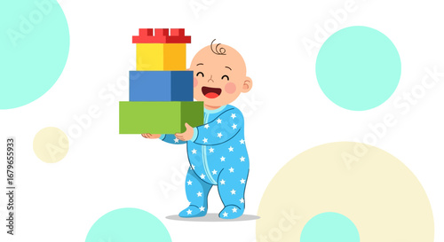Joyful Baby Displays Colorful Toy Blocks, Showing Happiness and Early Childhood Development