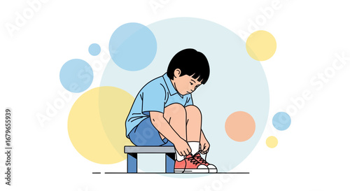 Illustration of a young boy learning to tie his shoelaces and dressing himself independently
