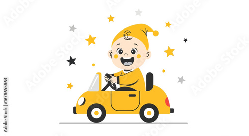 Joyful Baby Drives a Playful Car, Surrounded by Sparkling Stars on a White Background