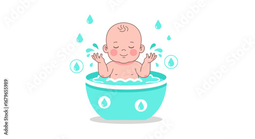 Joyful Baby Enjoying Bath Time in a Turquoise Tub with Water Splash Cartoon Illustration