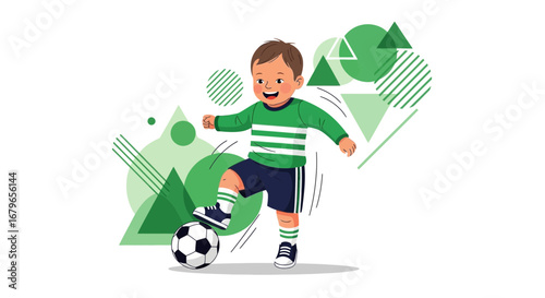 Illustration of a young boy playing soccer in a vibrant and fun graphic style
