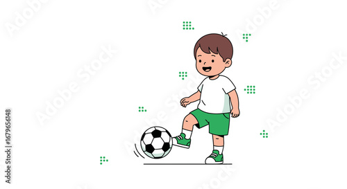 Illustration of a young boy playing soccer with a cheerful and playful expression