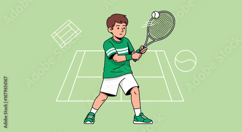 Illustration of a young boy playing tennis on a court, with racket and ball