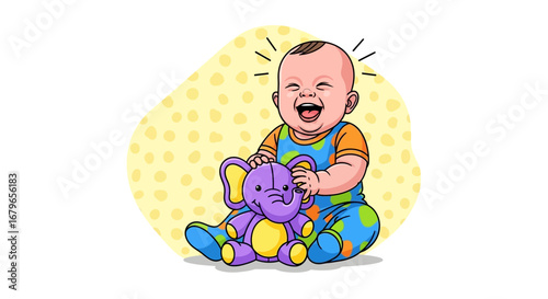 Joyful Baby Laughing and Playing with a Stuffed Elephant Toy in Illustrated Style