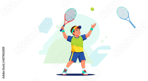 Illustration of a young boy playing tennis preparing to serve vector illustration