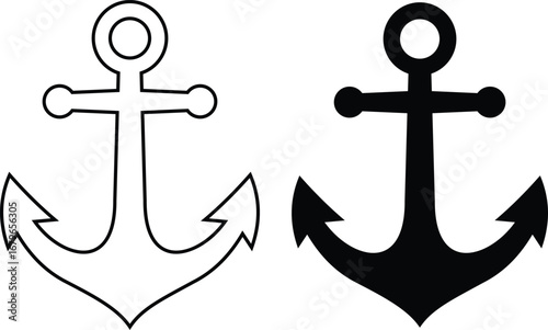 Anchor icon set. Black and outline nautical anchors on isolated transparent background. Ship anchor vector symbol representing stability marine power navigation hope and nautical maritime design.