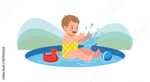 Joyful Baby Playing Splashing Water in a Pool Enjoying Summer Outdoors
