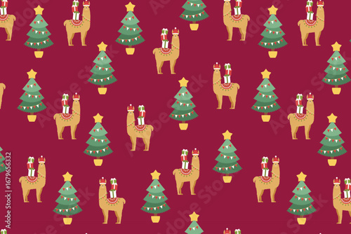 Christmas Llama Tree Pattern swatch available in swatches panel, Festive Holiday Seamless Design with Gifts