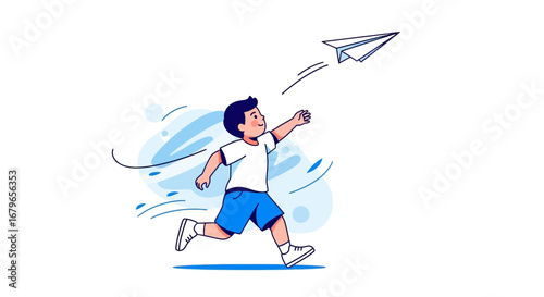 Illustration of a young boy running and launching a paper airplane on a white background