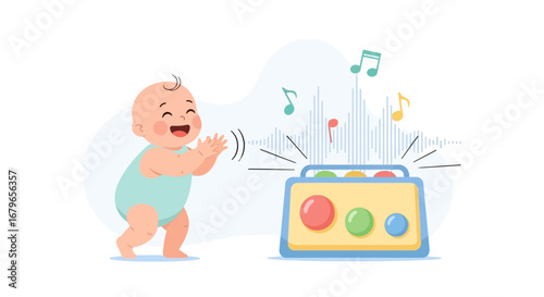 Joyful baby playing with a musical toy vector illustration, happy little child
