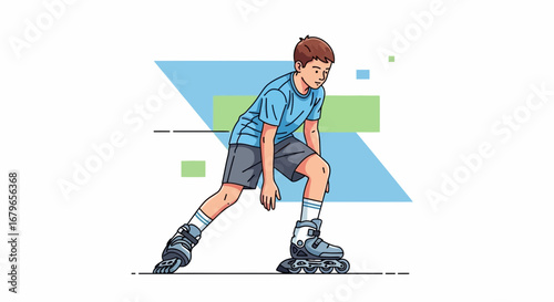 Illustration of a young boy rollerblading with a sporty dynamic posture on a white background
