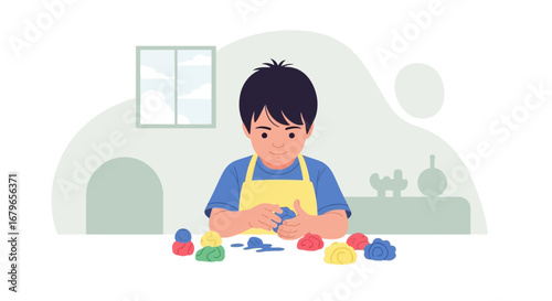 Illustration of a young boy sculpting with playdough at a table in a room happily