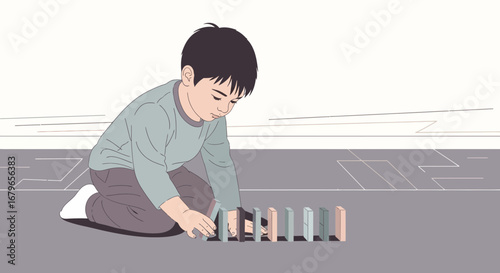 Illustration of a young boy setting up dominoes on a grey surface for a playful activity