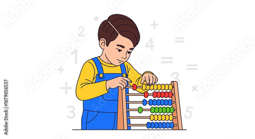Illustration of a young boy using abacus to learn mathematics and calculations
