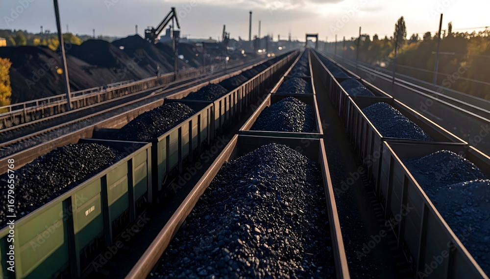 Naklejka premium Freight train with coal wagons on railway tracks in an industrial area, featuring raw material piles and heavy loading machinery.