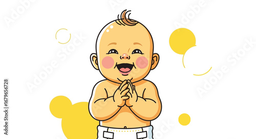 Joyful Baby with Raised Hands and Expressive Smile on White Backdrop