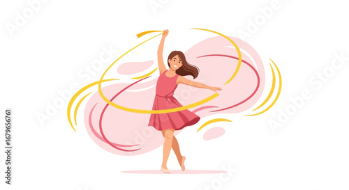 Illustration of a young girl doing rhythmic gymnastics with a ribbon in a dress