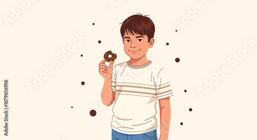 Illustration of a smiling boy holding a delicious donut pastry, eating sweet food