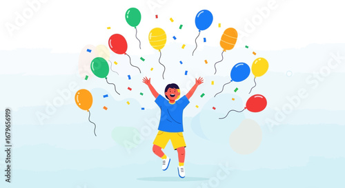 Joyful Boy Celebrating With Colorful Balloons and Confetti in a Festive Atmosphere