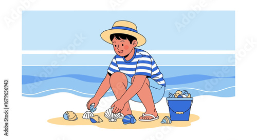 Joyful Boy Collecting Seashells On The Beach Beside Ocean Water During Summer