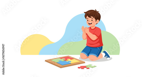 Joyful Boy Completing a Jigsaw Puzzle, Celebrating a Sense of Accomplishment