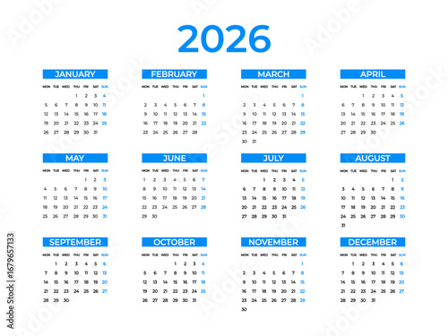 Calendar 2026 year. Week starts on Monday. Wall, table calendar. Restrained business design for notebook and planner. Vector illustration isolated