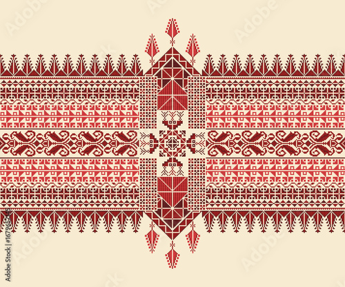 Traditional Tatreez embroidery horizontal seamless pattern, Palestinian border. Scalable vector design for print, background, template
