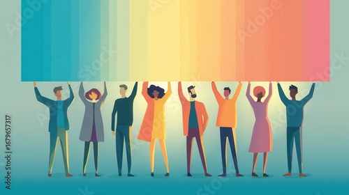 Diverse Group Holding Colorful Banner Celebrating Unity and Collaboration