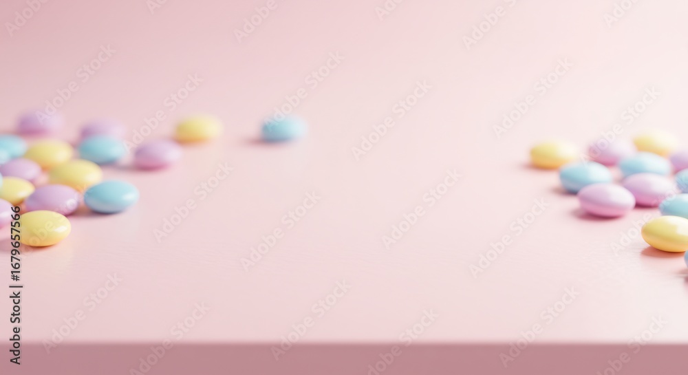 Obraz premium Pastel colored candies scattered on a pink surface